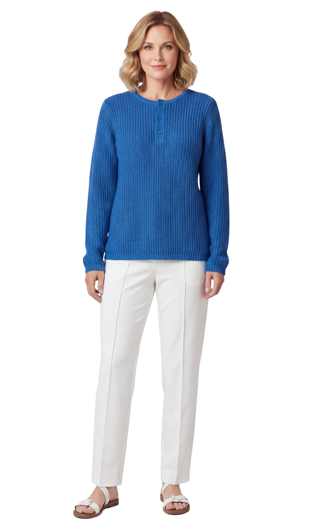 Women's Chic Henley Shaker-Knit Sweater for Women - Casual Long-Sleeve in Durable 100% Acrylic with 3-Button Placket