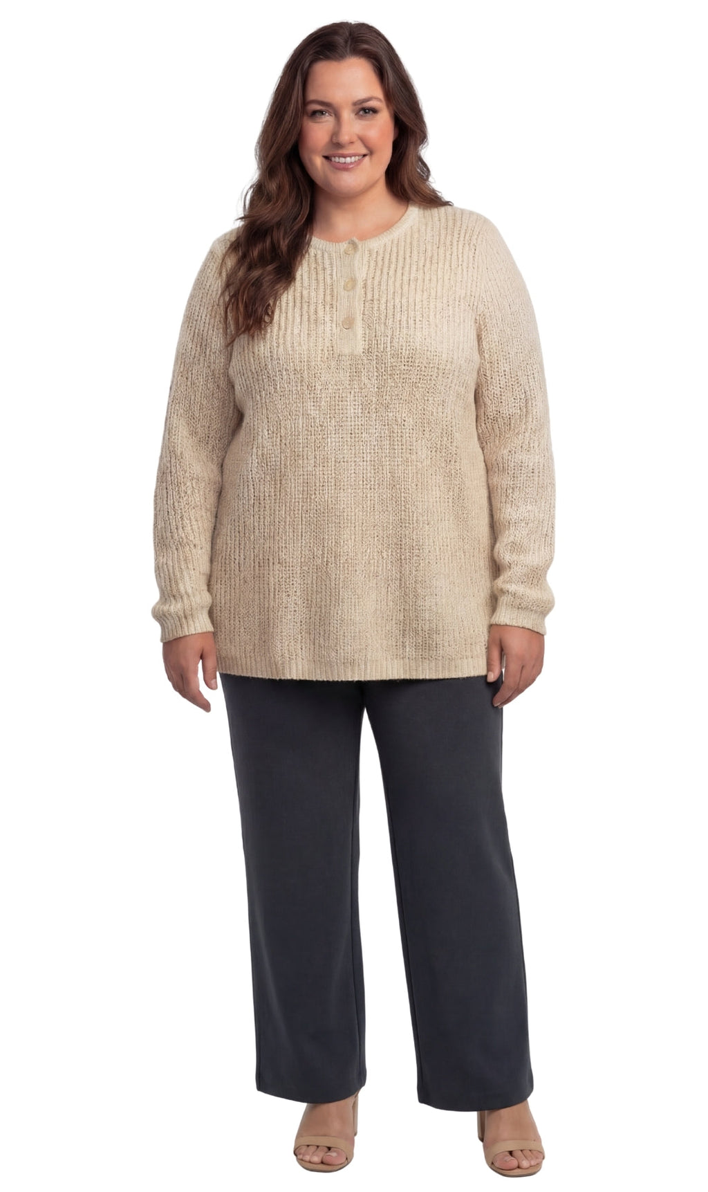 Women's Chic Henley Shaker-Knit Sweater for Women - Casual Long-Sleeve in Durable 100% Acrylic with 3-Button Placket