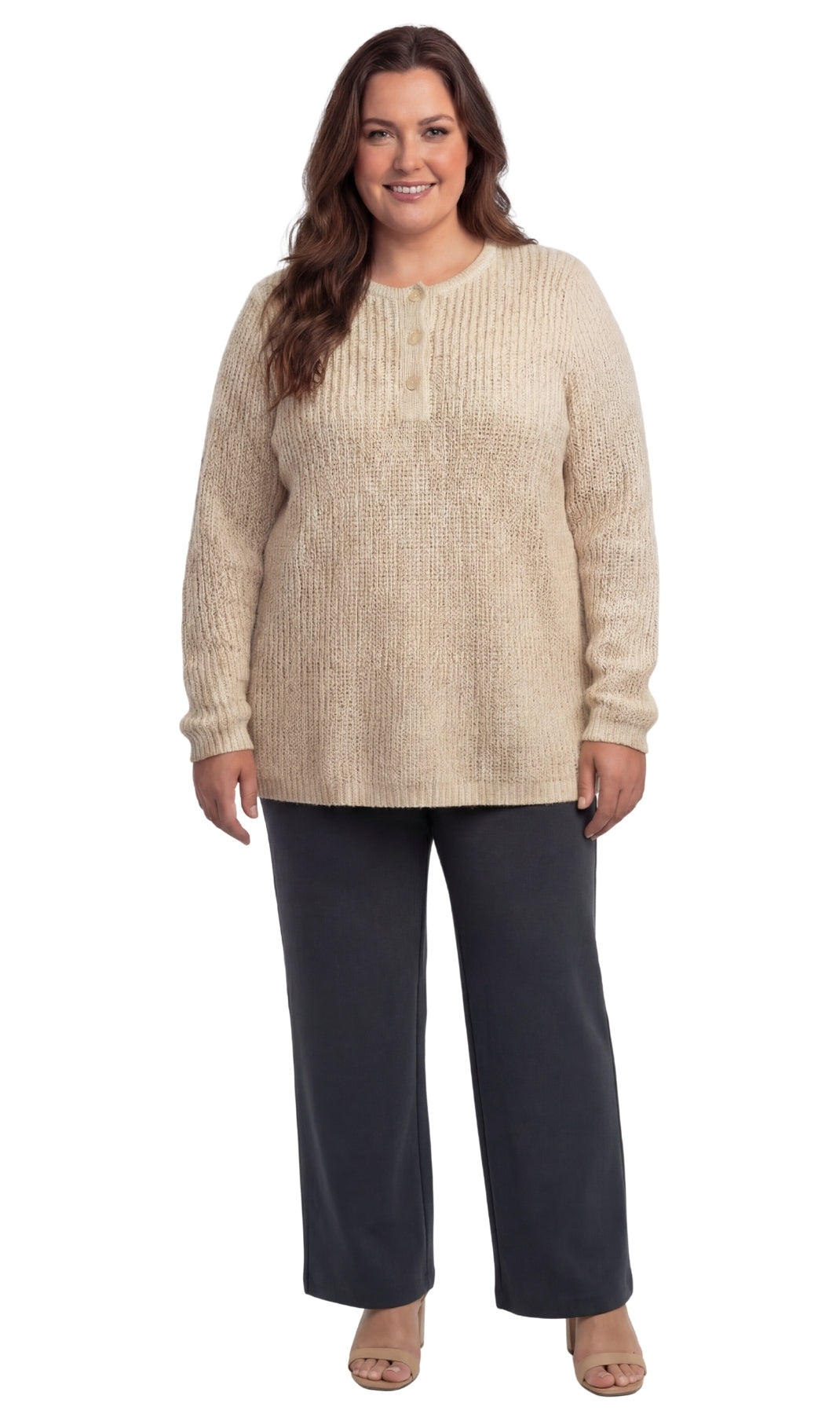 Women's Chic Henley Shaker-Knit Sweater for Women - Casual Long-Sleeve in Durable 100% Acrylic with 3-Button Placket