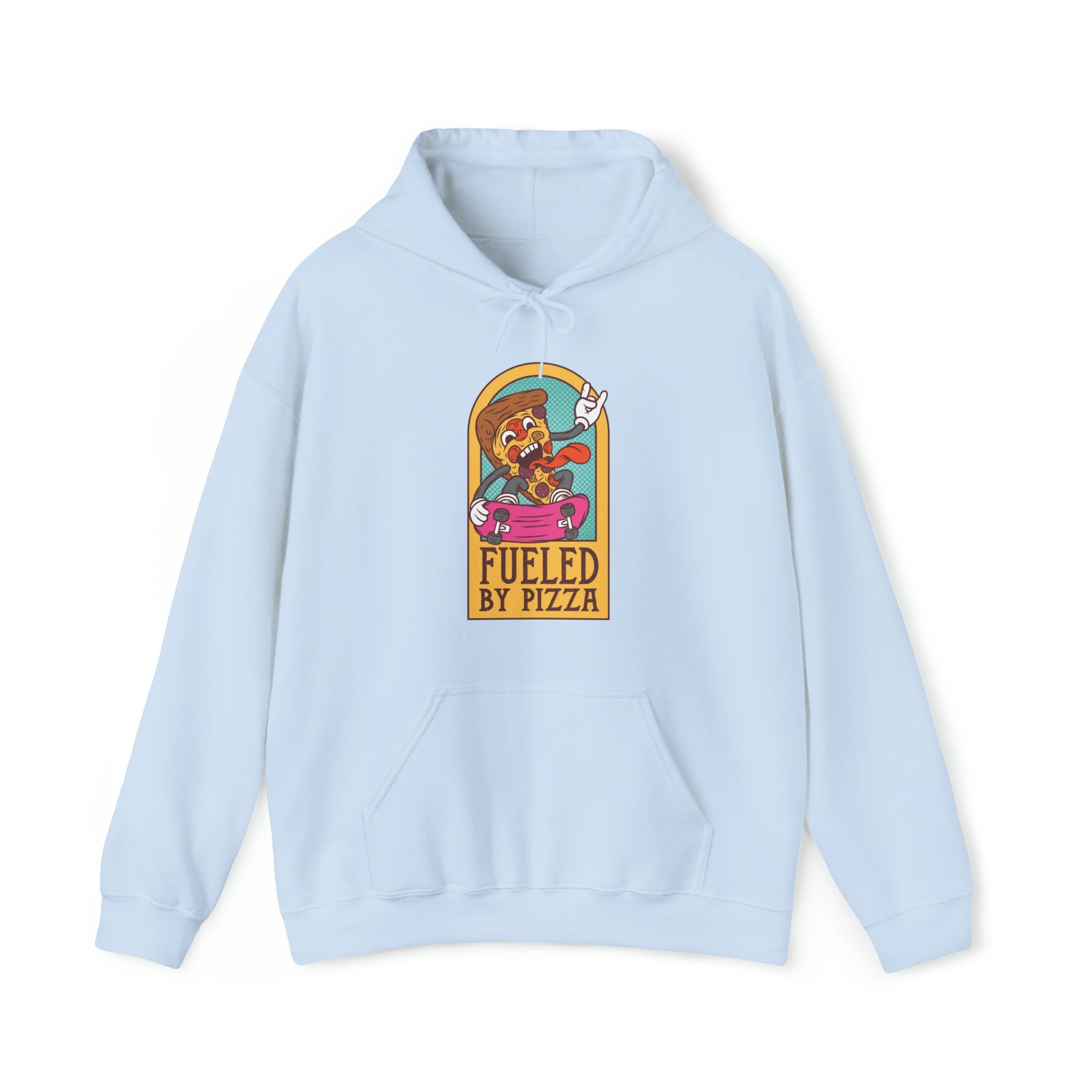 "DirkyThreadz Fueled By Pizza Hoodie - Playful Graphic Design for Pizza Lovers"