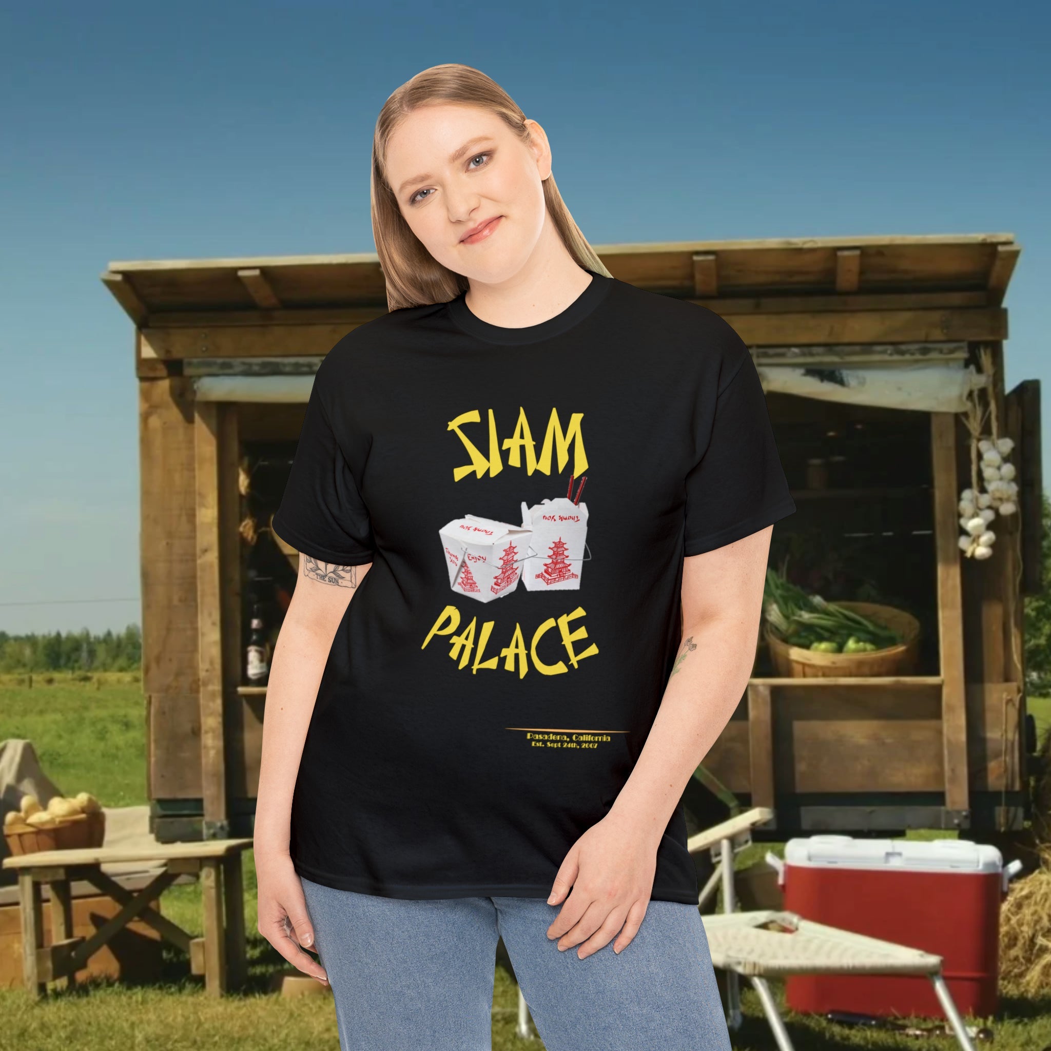 "DirkyThreadz Siam Palace T-Shirt - Bold Takeout Graphic Design in Black Cotton"