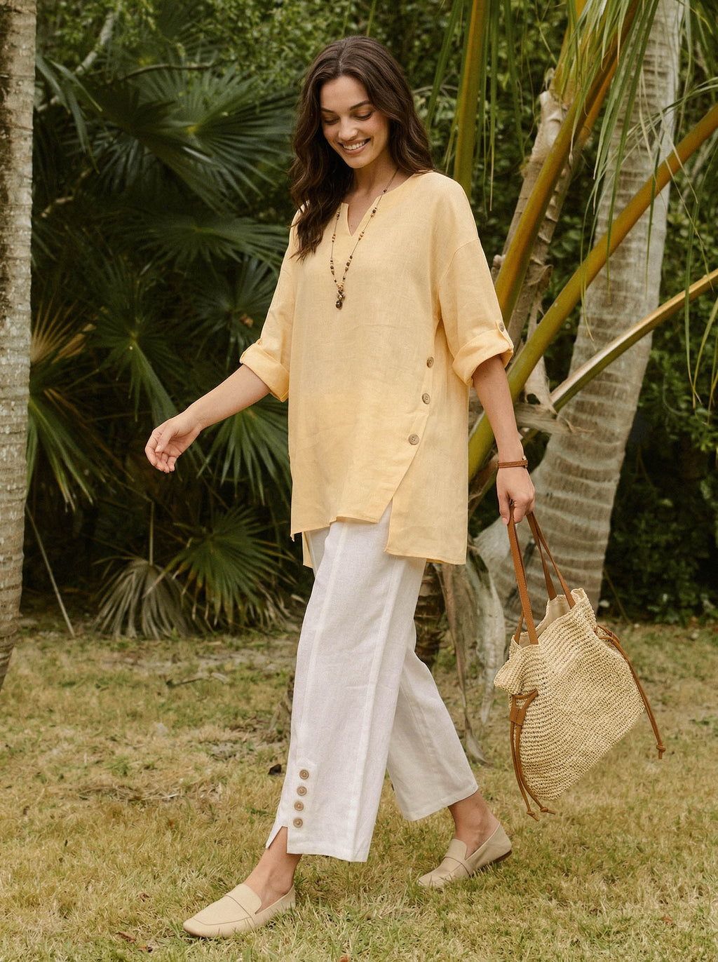 100% Linen Buttoned Split-Hem Pants ALINA