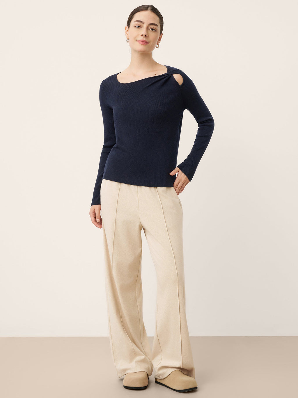 Merino Wool Knot Detail Asymmetric Cutout Top QUINNLEY