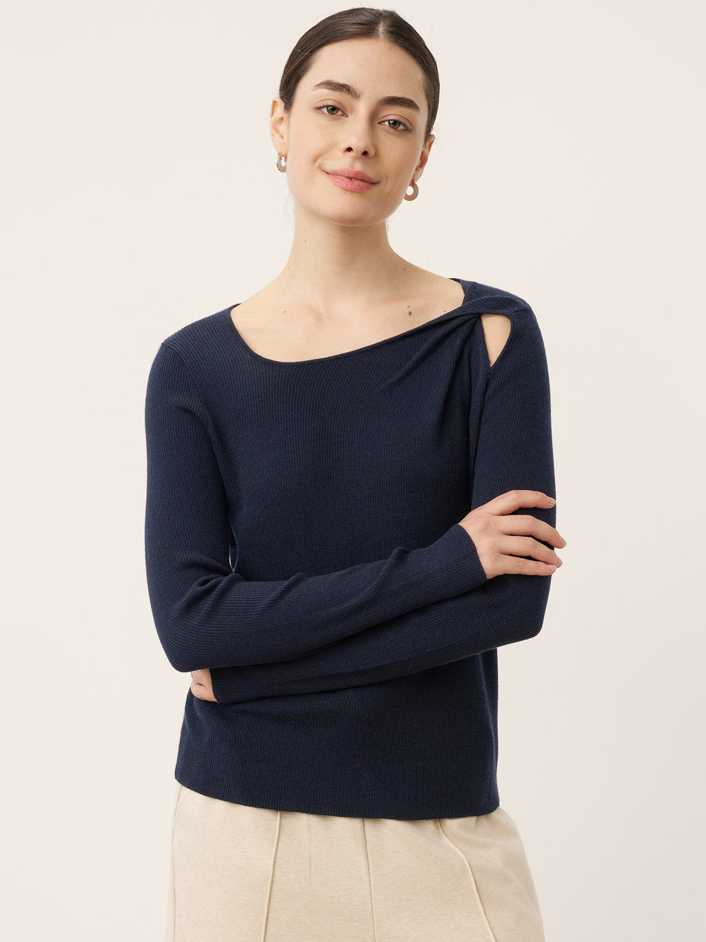 Merino Wool Knot Detail Asymmetric Cutout Top QUINNLEY