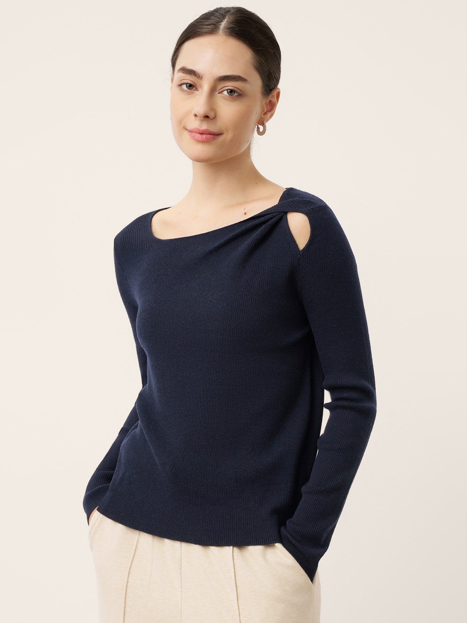 Merino Wool Knot Detail Asymmetric Cutout Top QUINNLEY