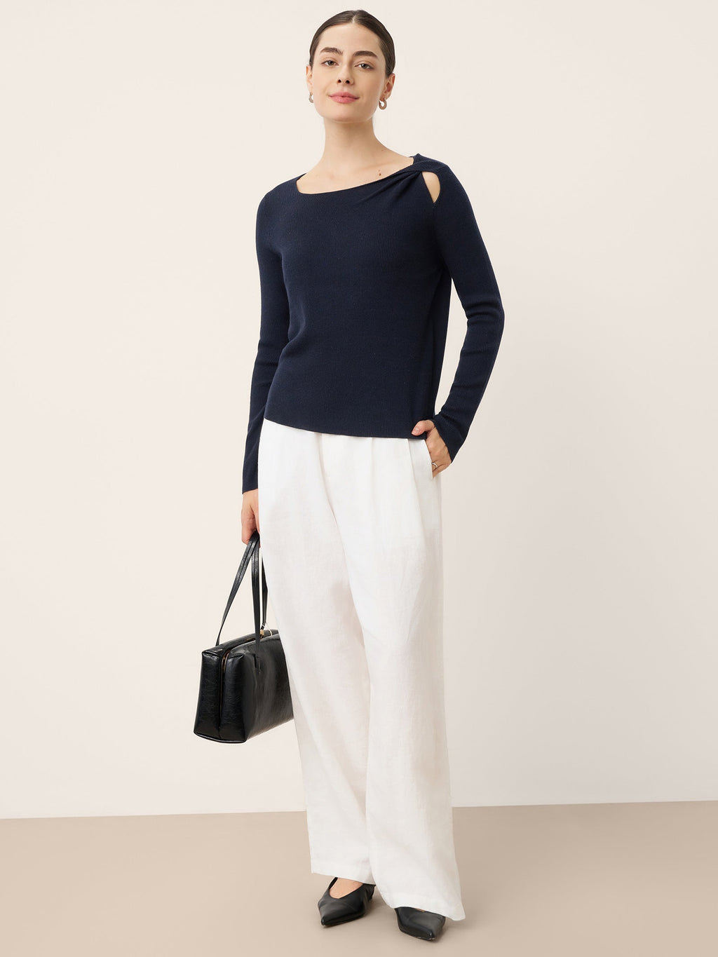 Merino Wool Knot Detail Asymmetric Cutout Top QUINNLEY