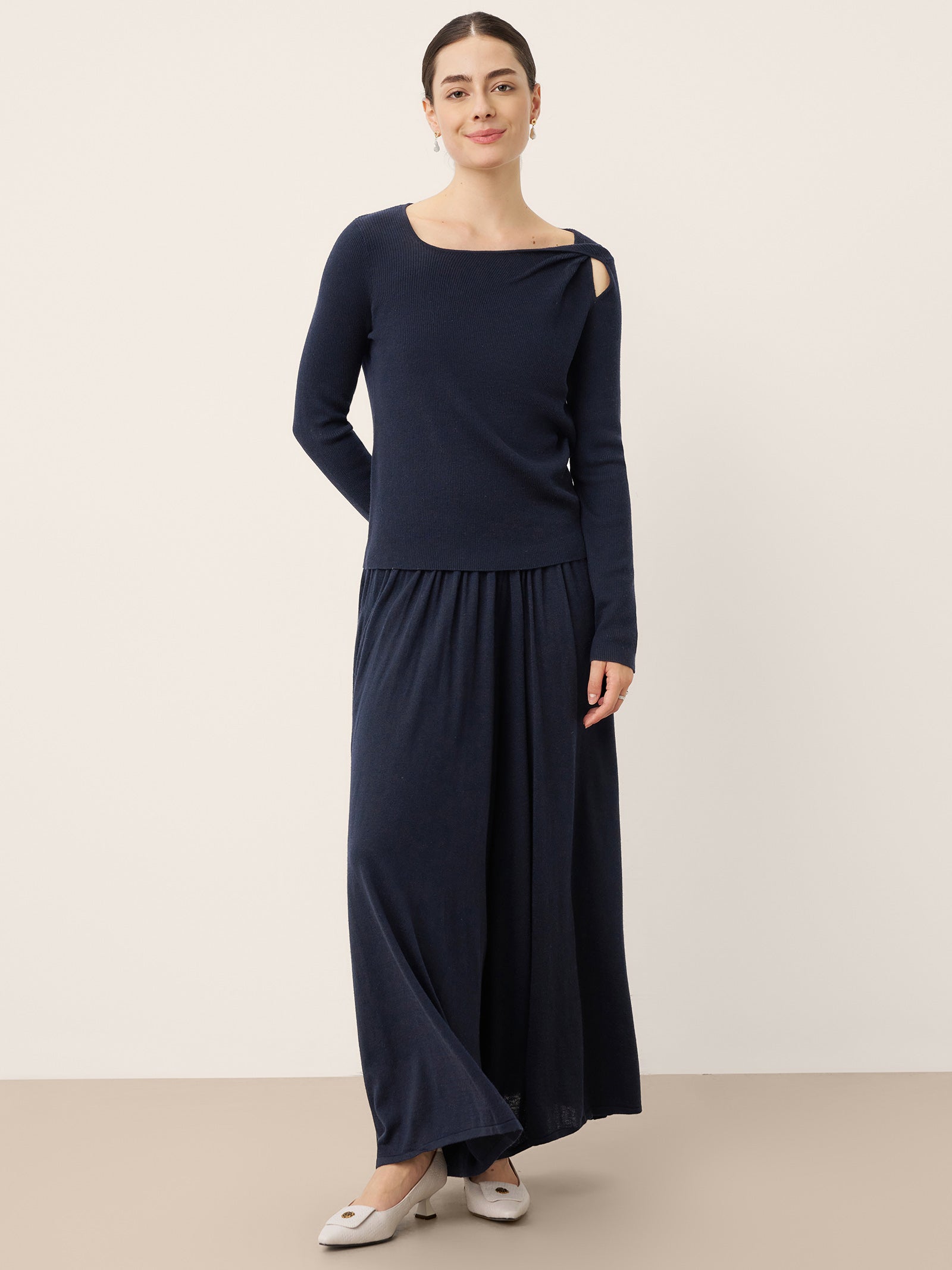 Merino Wool Knot Detail Asymmetric Cutout Top QUINNLEY