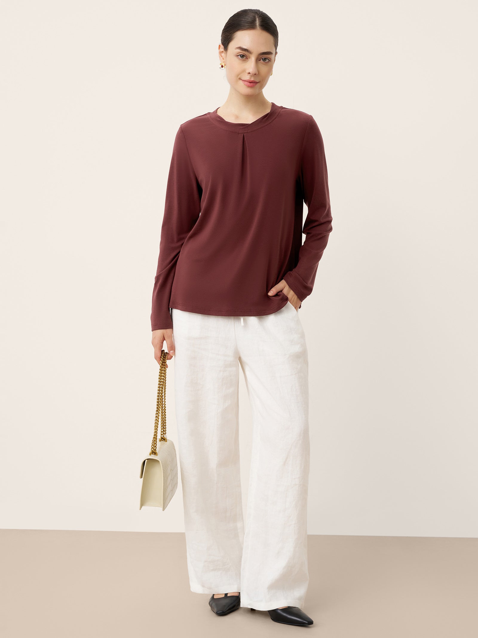 Wool Lyocell Twisted Neck Pullover Top NERISSA