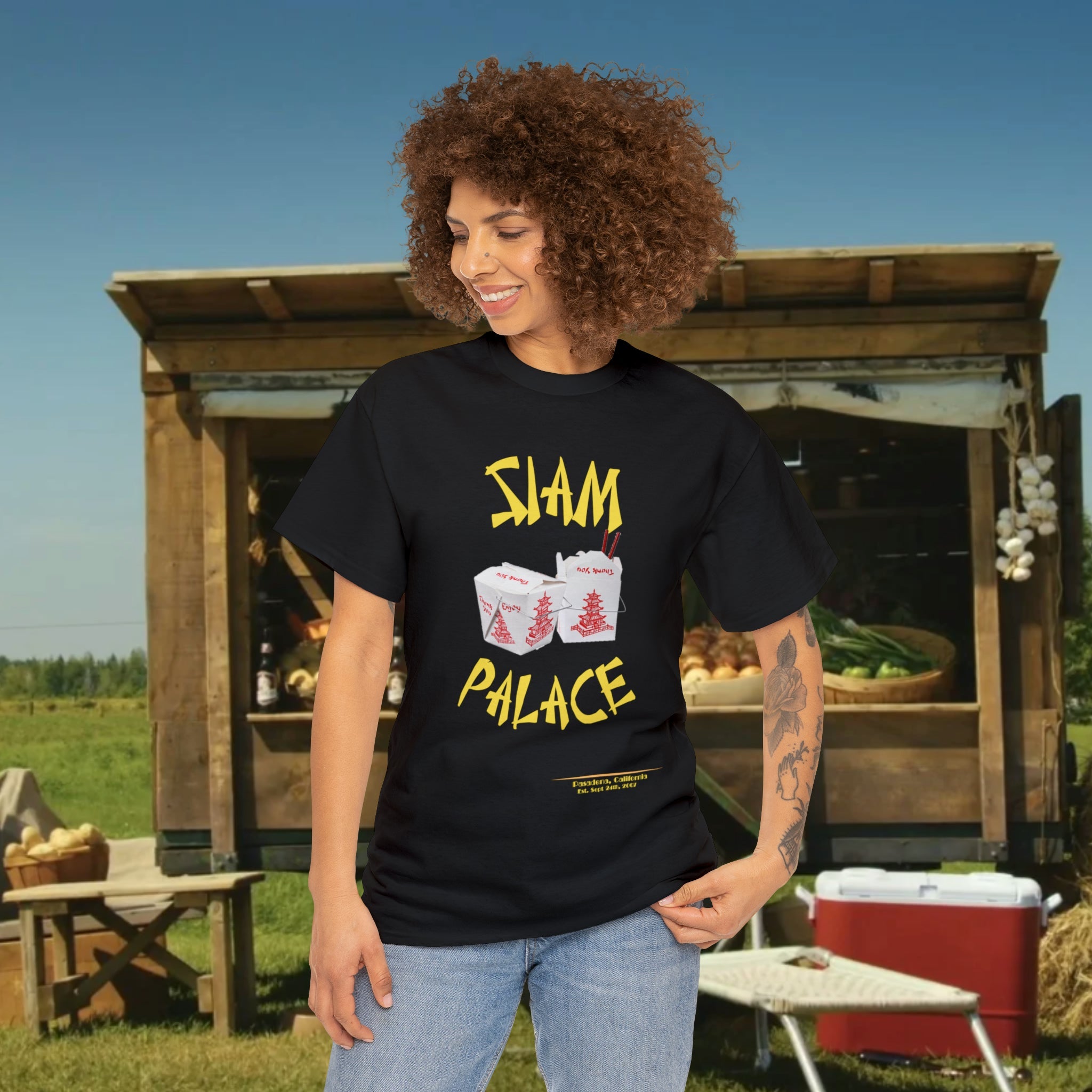 "DirkyThreadz Siam Palace T-Shirt - Bold Takeout Graphic Design in Black Cotton"