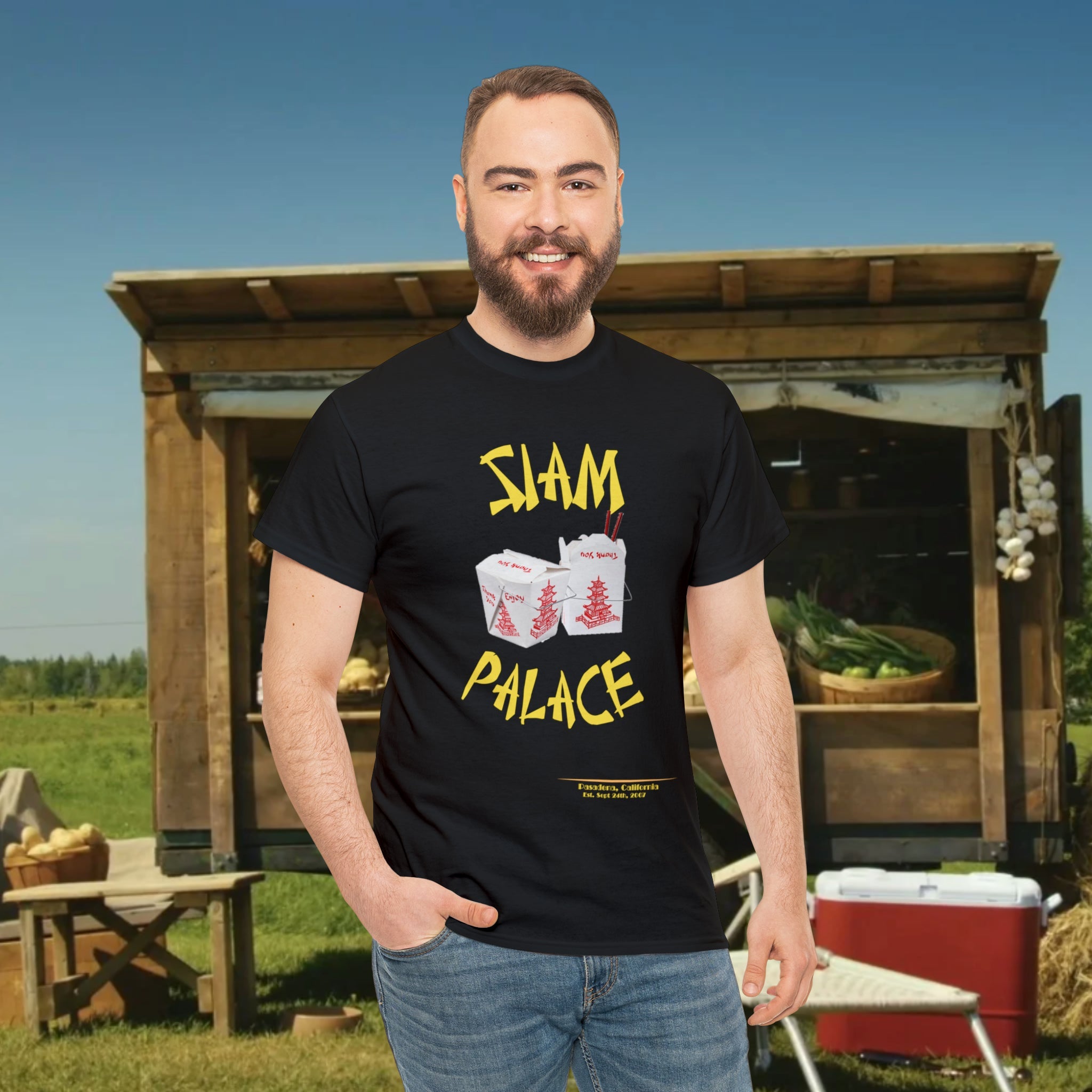 "DirkyThreadz Siam Palace T-Shirt - Bold Takeout Graphic Design in Black Cotton"